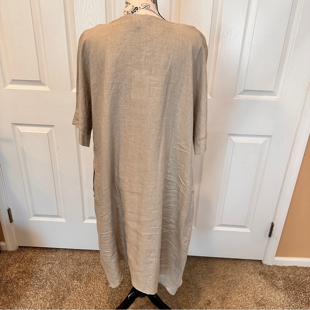 New DKNY 100% Linen Tee Kaftan Shirt Dress Lined Pockets Beige‎ Tan Sz Large - Picture 2 of 15